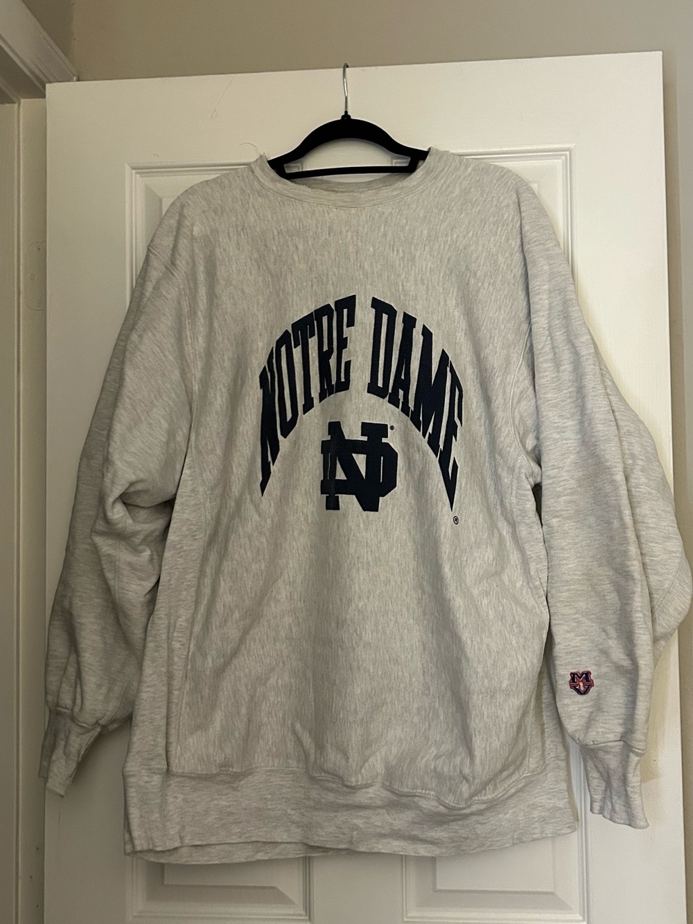 MV Sport Notre Dame Light Gray Crewneck Sweatshirt with Navy Logo